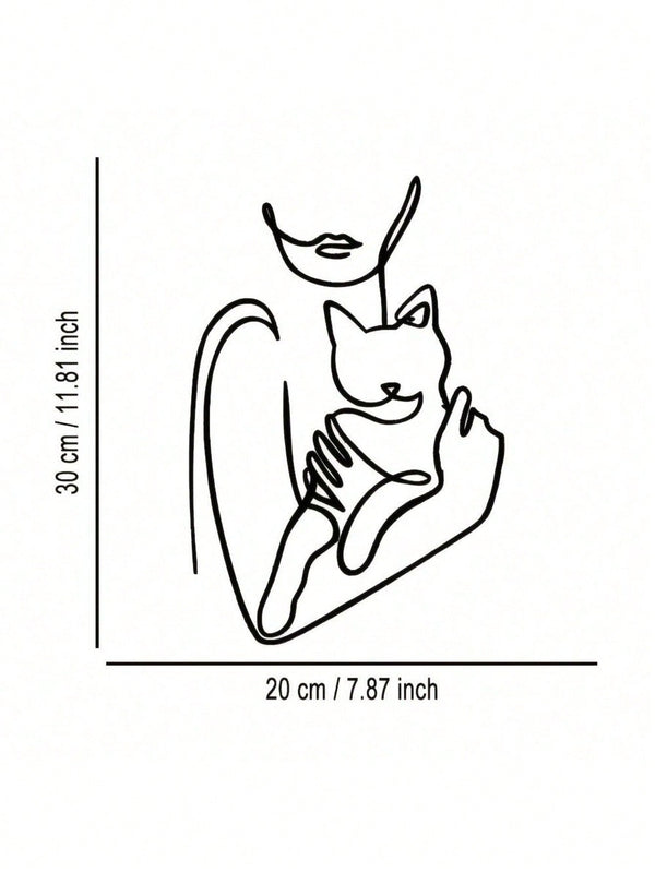 1pc Elegant Minimalist Iron Wire Line Art Decorative Painting - Woman Hugging Cat, Suitable For Office, Home, Living Room, Bedroom, Balcony, Kitchen, Yard, Store, Cafe, Dance Hall, Bar, Country And Farmhouse Style. Ideal As Housewarming, Holiday Or Birthd