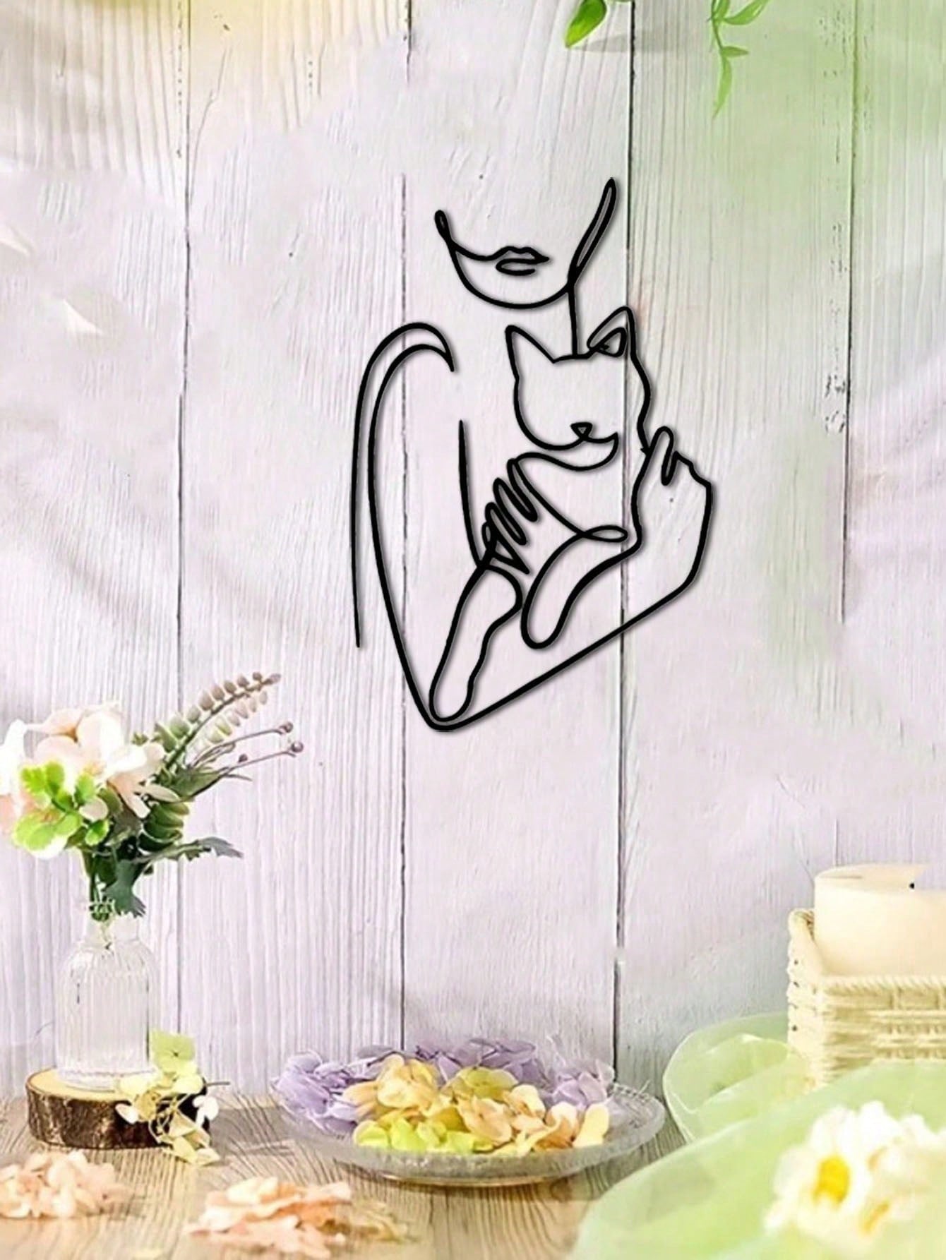 1pc Elegant Minimalist Iron Wire Line Art Decorative Painting - Woman Hugging Cat, Suitable For Office, Home, Living Room, Bedroom, Balcony, Kitchen, Yard, Store, Cafe, Dance Hall, Bar, Country And Farmhouse Style. Ideal As Housewarming, Holiday Or Birthd