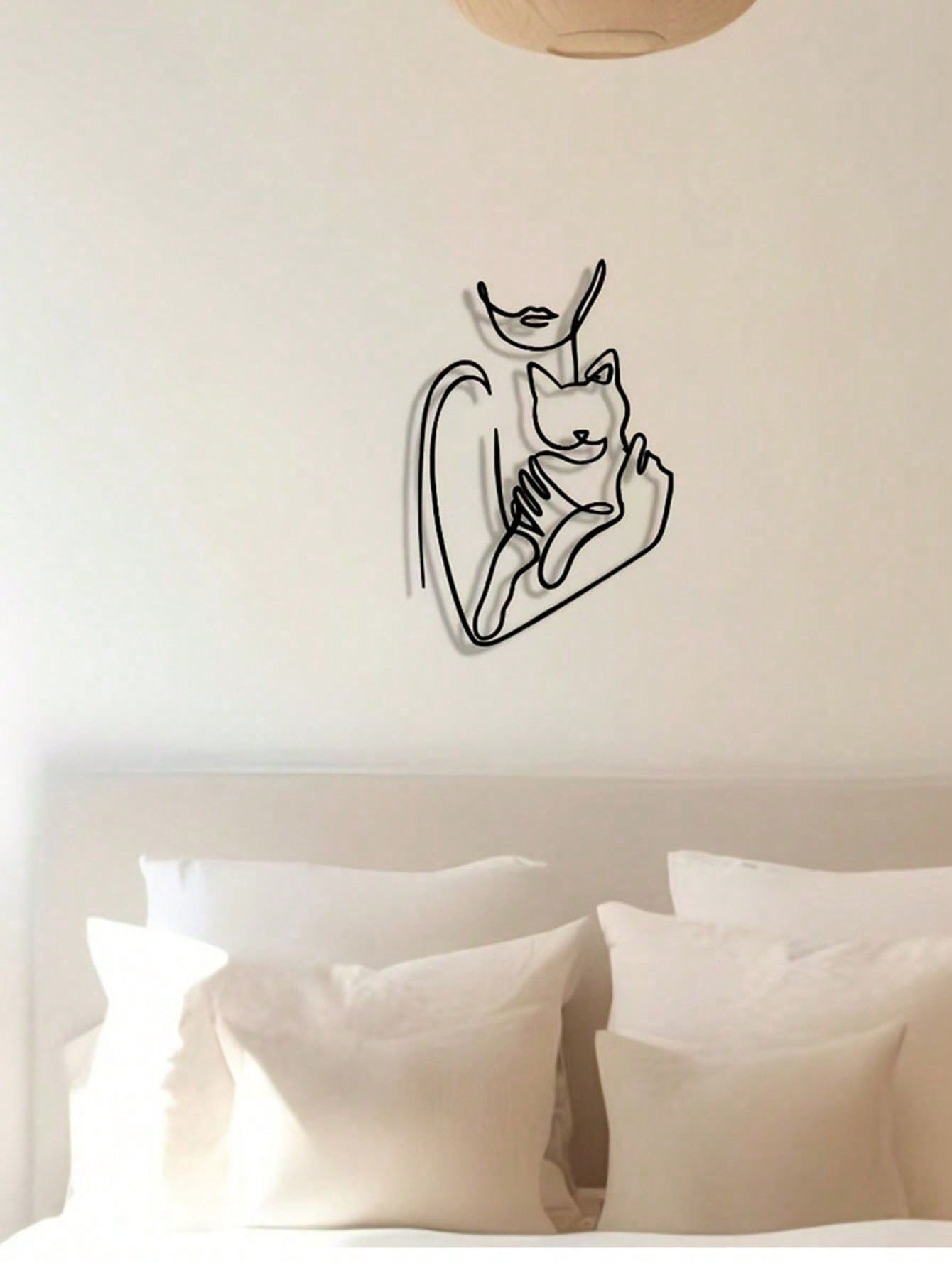 1pc Elegant Minimalist Iron Wire Line Art Decorative Painting - Woman Hugging Cat, Suitable For Office, Home, Living Room, Bedroom, Balcony, Kitchen, Yard, Store, Cafe, Dance Hall, Bar, Country And Farmhouse Style. Ideal As Housewarming, Holiday Or Birthd