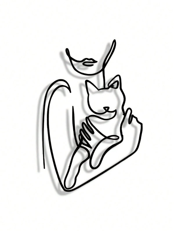 1pc Elegant Minimalist Iron Wire Line Art Decorative Painting - Woman Hugging Cat, Suitable For Office, Home, Living Room, Bedroom, Balcony, Kitchen, Yard, Store, Cafe, Dance Hall, Bar, Country And Farmhouse Style. Ideal As Housewarming, Holiday Or Birthd