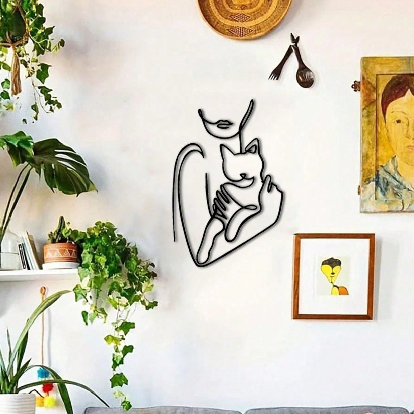 1pc Elegant Minimalist Iron Wire Line Art Decorative Painting - Woman Hugging Cat, Suitable For Office, Home, Living Room, Bedroom, Balcony, Kitchen, Yard, Store, Cafe, Dance Hall, Bar, Country And Farmhouse Style. Ideal As Housewarming, Holiday Or Birthd