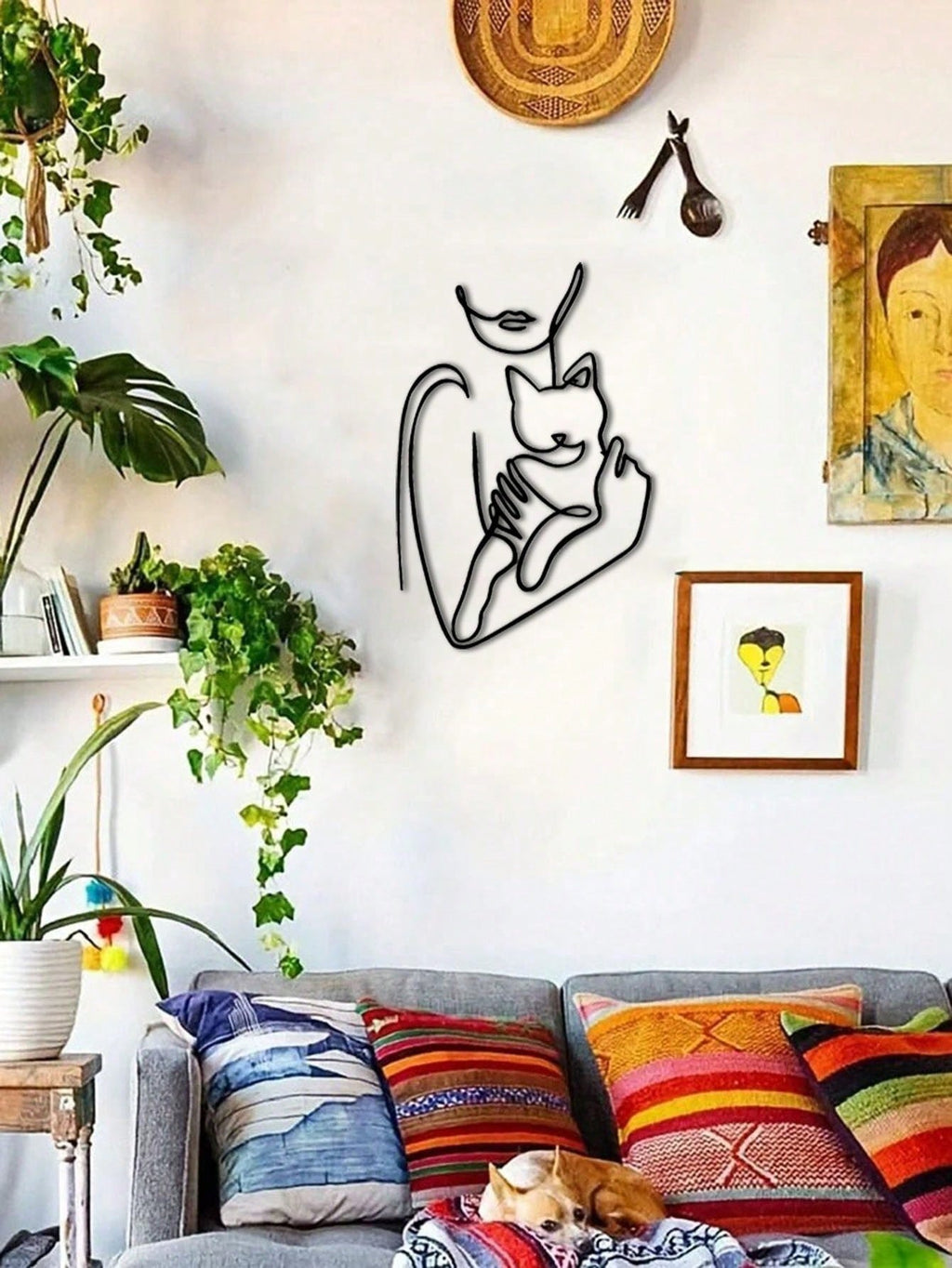 1pc Elegant Minimalist Iron Wire Line Art Decorative Painting - Woman Hugging Cat, Suitable For Office, Home, Living Room, Bedroom, Balcony, Kitchen, Yard, Store, Cafe, Dance Hall, Bar, Country And Farmhouse Style. Ideal As Housewarming, Holiday Or Birthd