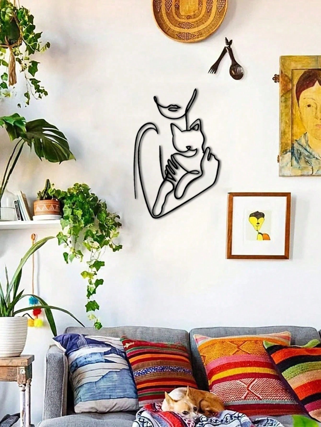 1pc Elegant Minimalist Iron Wire Line Art Decorative Painting - Woman Hugging Cat, Suitable For Office, Home, Living Room, Bedroom, Balcony, Kitchen, Yard, Store, Cafe, Dance Hall, Bar, Country And Farmhouse Style. Ideal As Housewarming, Holiday Or Birthd