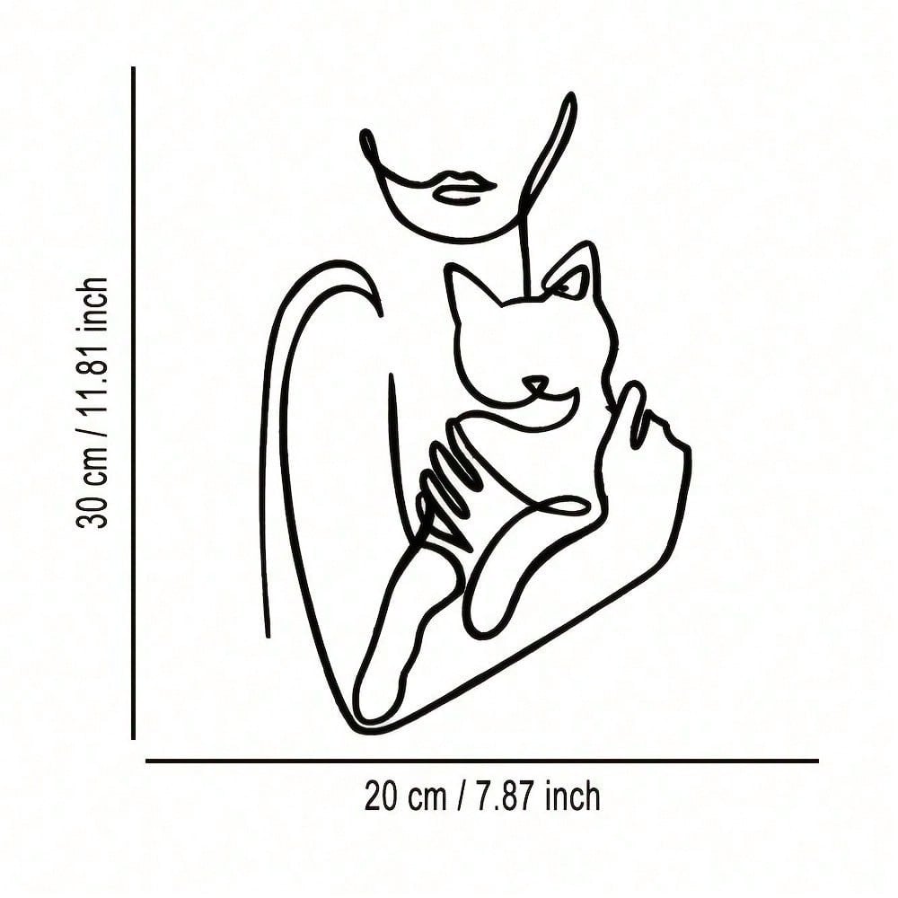 1pc Elegant Minimalist Iron Wire Line Art Decorative Painting - Woman Hugging Cat, Suitable For Office, Home, Living Room, Bedroom, Balcony, Kitchen, Yard, Store, Cafe, Dance Hall, Bar, Country And Farmhouse Style. Ideal As Housewarming, Holiday Or Birthd