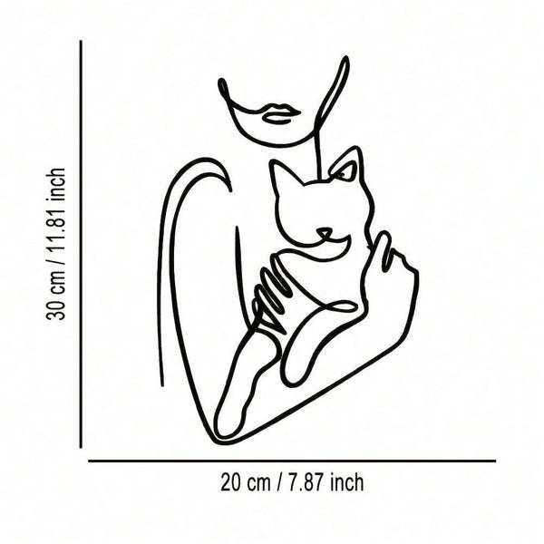 1pc Elegant Minimalist Iron Wire Line Art Decorative Painting - Woman Hugging Cat, Suitable For Office, Home, Living Room, Bedroom, Balcony, Kitchen, Yard, Store, Cafe, Dance Hall, Bar, Country And Farmhouse Style. Ideal As Housewarming, Holiday Or Birthd