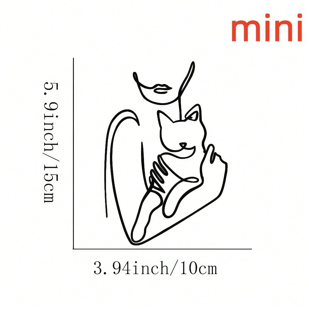 1pc Elegant Minimalist Iron Wire Line Art Decorative Painting - Woman Hugging Cat, Suitable For Office, Home, Living Room, Bedroom, Balcony, Kitchen, Yard, Store, Cafe, Dance Hall, Bar, Country And Farmhouse Style. Ideal As Housewarming, Holiday Or Birthd