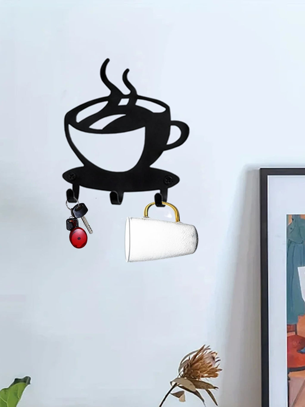 1 Creative Coffee Cup Hook - Stylish black metal wall hanging hook, perfect for kitchen storage, stylish home decor and space saving solution. This is a unique gift for coffee lovers, baristas and everyday household use.