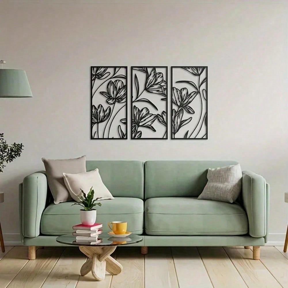 3 PiecesMetal Flower Wall Art, Modern Abstract Black Metal Line Art Decor, Minimalist Home Wall Decoration, Living Room & Bedroom Accent, Waterproof, Rustproof & Durable. Perfect For Modern Home Decor - Stylish, Lightweight, And Ready To Hang.
