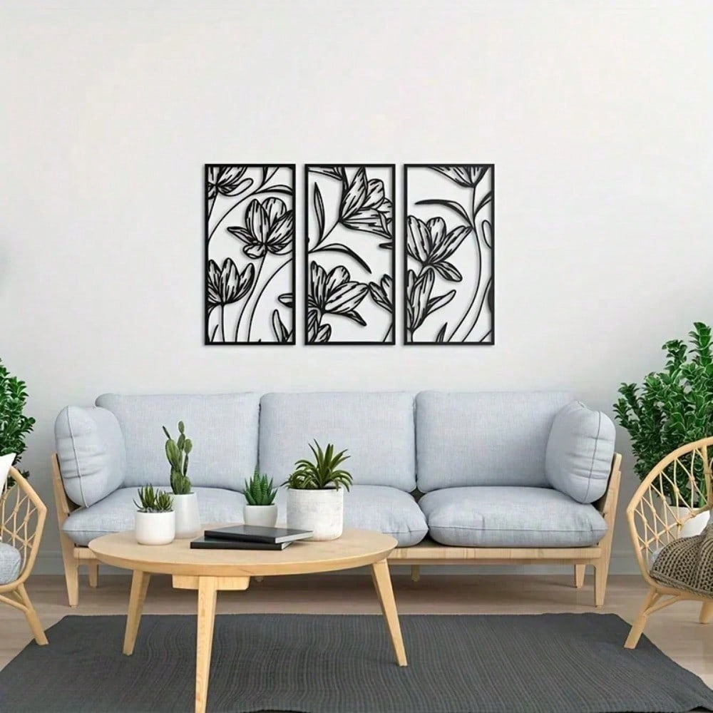 3 PiecesMetal Flower Wall Art, Modern Abstract Black Metal Line Art Decor, Minimalist Home Wall Decoration, Living Room & Bedroom Accent, Waterproof, Rustproof & Durable. Perfect For Modern Home Decor - Stylish, Lightweight, And Ready To Hang.