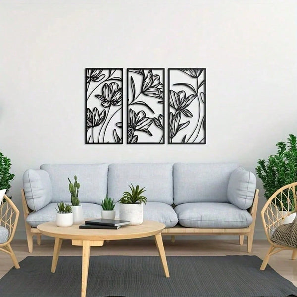 3 PiecesMetal Flower Wall Art, Modern Abstract Black Metal Line Art Decor, Minimalist Home Wall Decoration, Living Room & Bedroom Accent, Waterproof, Rustproof & Durable. Perfect For Modern Home Decor - Stylish, Lightweight, And Ready To Hang.