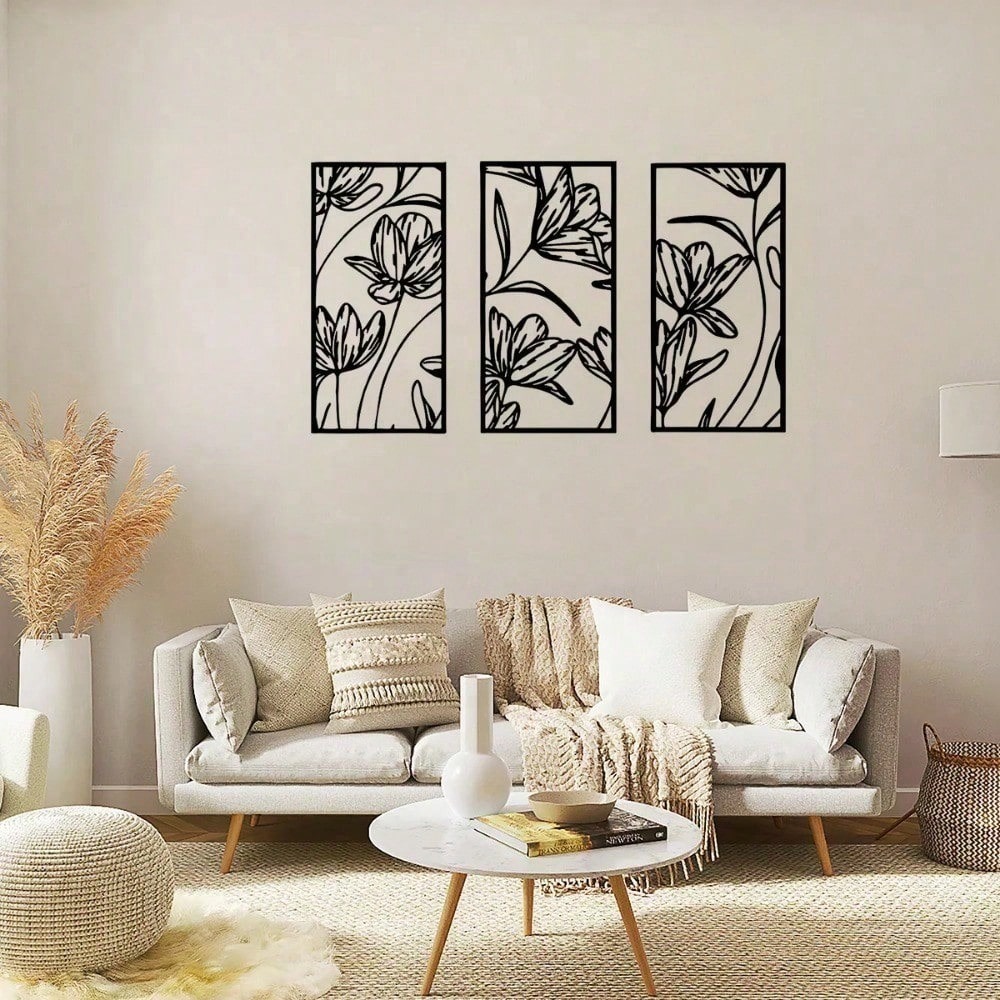 3 PiecesMetal Flower Wall Art, Modern Abstract Black Metal Line Art Decor, Minimalist Home Wall Decoration, Living Room & Bedroom Accent, Waterproof, Rustproof & Durable. Perfect For Modern Home Decor - Stylish, Lightweight, And Ready To Hang.