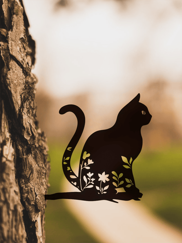 1件金属轮廓猫剪影花园桩 - 庭院艺术,树木装饰适用于后院露台和户外空间,防水防锈,易于安装