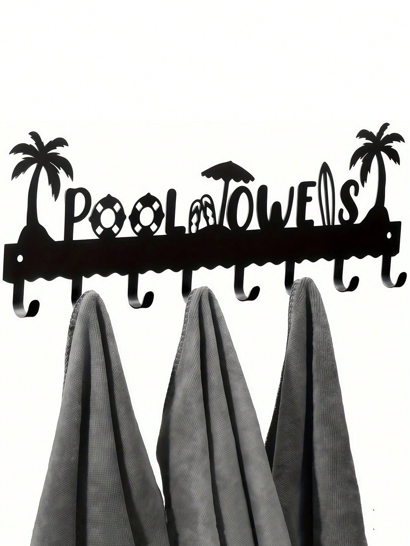 Pool Towel Rack Metal Towel Hook Wall-Mounted Towel Rack Beach Towel Hook Rack Summer Pool Towel Rack With 8 Storage Hooks For Bath Towels, Robes, Swimsuits, Jackets, Bags, Phones, Keys Black