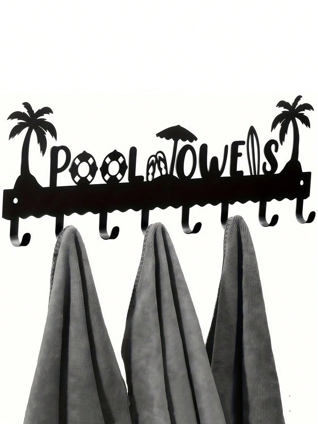 Pool Towel Rack Metal Towel Hook Wall-Mounted Towel Rack Beach Towel Hook Rack Summer Pool Towel Rack With 8 Storage Hooks For Bath Towels, Robes, Swimsuits, Jackets, Bags, Phones, Keys Black