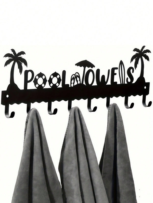 Pool Towel Rack Metal Towel Hook Wall-Mounted Towel Rack Beach Towel Hook Rack Summer Pool Towel Rack With 8 Storage Hooks For Bath Towels, Robes, Swimsuits, Jackets, Bags, Phones, Keys Black