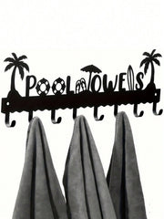 Pool Towel Rack Metal Towel Hook Wall-Mounted Towel Rack Beach Towel Hook Rack Summer Pool Towel Rack With 8 Storage Hooks For Bath Towels, Robes, Swimsuits, Jackets, Bags, Phones, Keys Black
