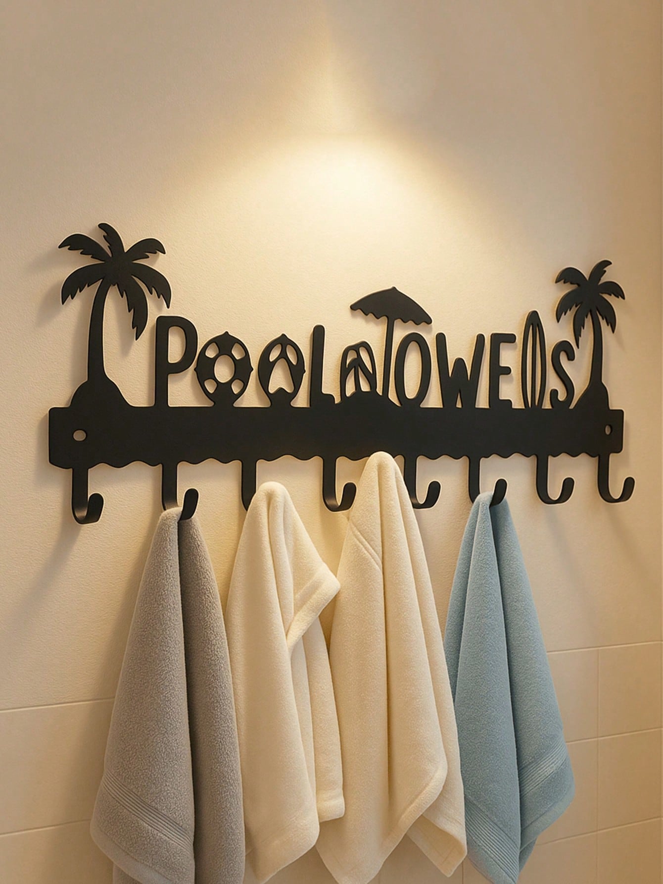 Pool Towel Rack Metal Towel Hook Wall-Mounted Towel Rack Beach Towel Hook Rack Summer Pool Towel Rack With 8 Storage Hooks For Bath Towels, Robes, Swimsuits, Jackets, Bags, Phones, Keys Black