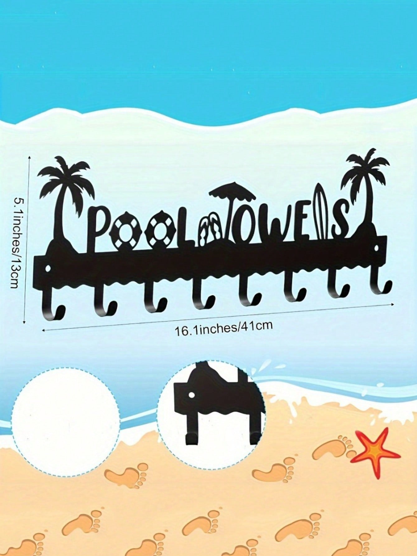 Pool Towel Rack Metal Towel Hook Wall-Mounted Towel Rack Beach Towel Hook Rack Summer Pool Towel Rack With 8 Storage Hooks For Bath Towels, Robes, Swimsuits, Jackets, Bags, Phones, Keys Black