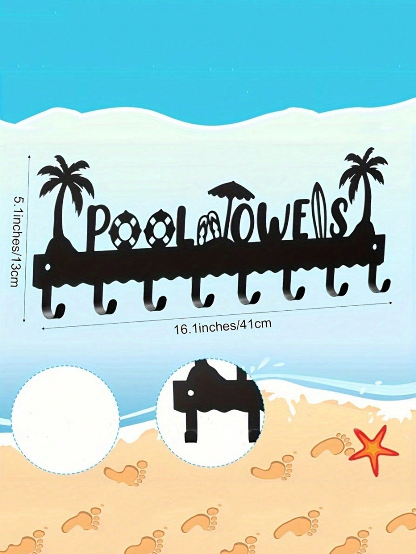 Pool Towel Rack Metal Towel Hook Wall-Mounted Towel Rack Beach Towel Hook Rack Summer Pool Towel Rack With 8 Storage Hooks For Bath Towels, Robes, Swimsuits, Jackets, Bags, Phones, Keys Black