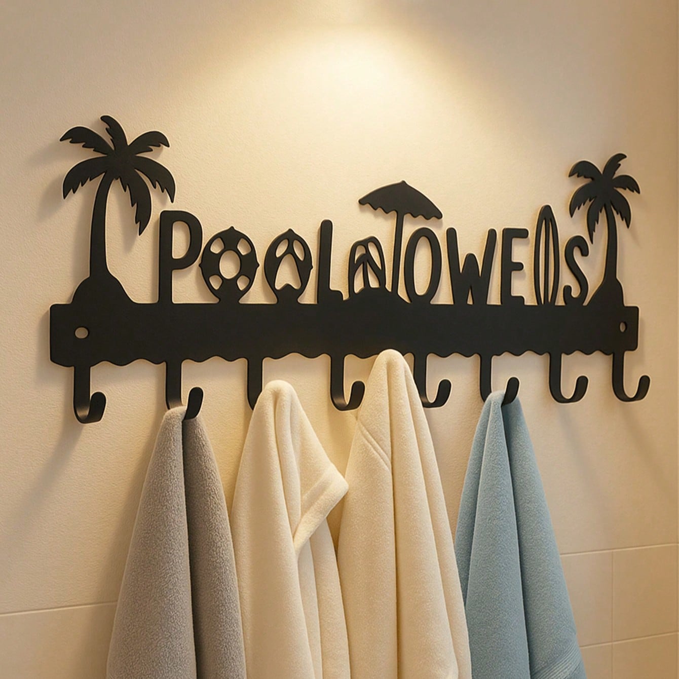 Pool Towel Rack Metal Towel Hook Wall-Mounted Towel Rack Beach Towel Hook Rack Summer Pool Towel Rack With 8 Storage Hooks For Bath Towels, Robes, Swimsuits, Jackets, Bags, Phones, Keys Black