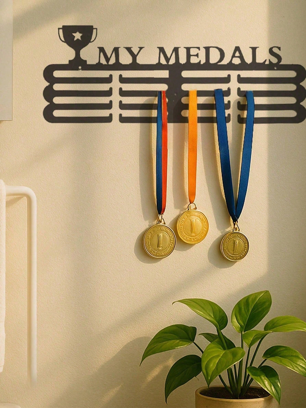 1 Medal Display Rack – Perfect For Showcasing Sports Medals And Ribbons. A Stylish Wall Organizer Ideal For Hockey, Handball, Jumping Events, And More. Comes With Multiple Hooks.