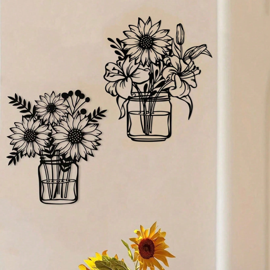 1. Sunflower vase metal wall decoration, black lily vase wall-mounted sculpture, indoor living room, bedroom flower shop, kitchen bathroom decoration, gift, women's artwork, suitable for storing keys, small accessories, etc.