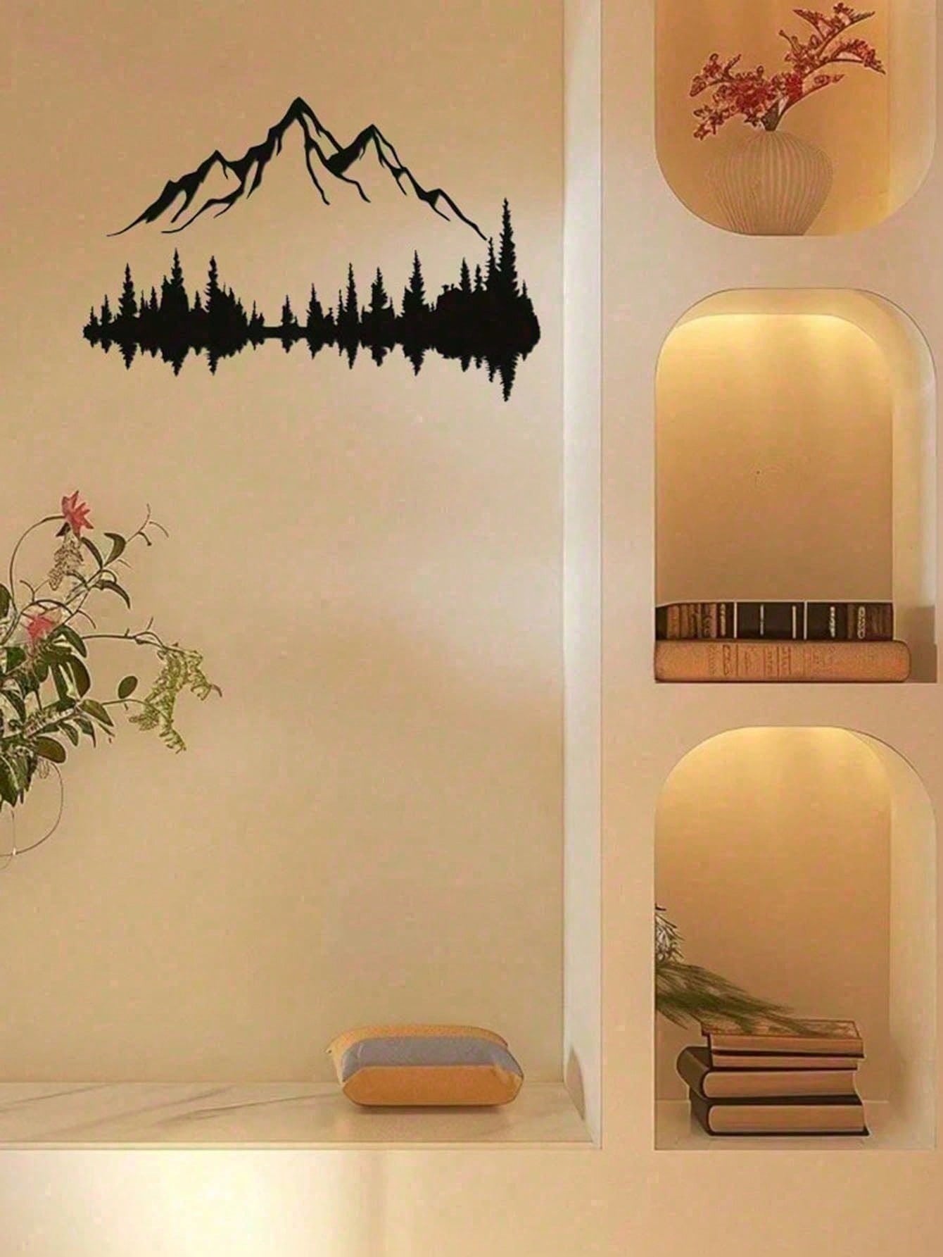 Set of 2 Large Black Metal Wall Art Sculptures – Mountain & Pine Tree Design, Rustic Farmhouse Wall Decor for Living Room, Bedroom, Patio, Garden | 16" x 7.1" Indoor/Outdoor Hanging Art, Nature-Inspired Gothic Style, Housewarming Gift for Men & Women, Hom
