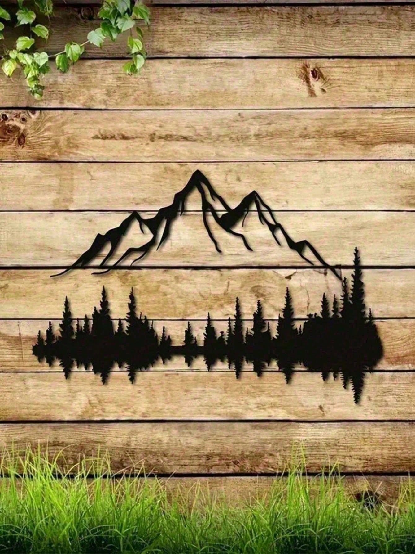 Set of 2 Large Black Metal Wall Art Sculptures – Mountain & Pine Tree Design, Rustic Farmhouse Wall Decor for Living Room, Bedroom, Patio, Garden | 16" x 7.1" Indoor/Outdoor Hanging Art, Nature-Inspired Gothic Style, Housewarming Gift for Men & Women, Hom