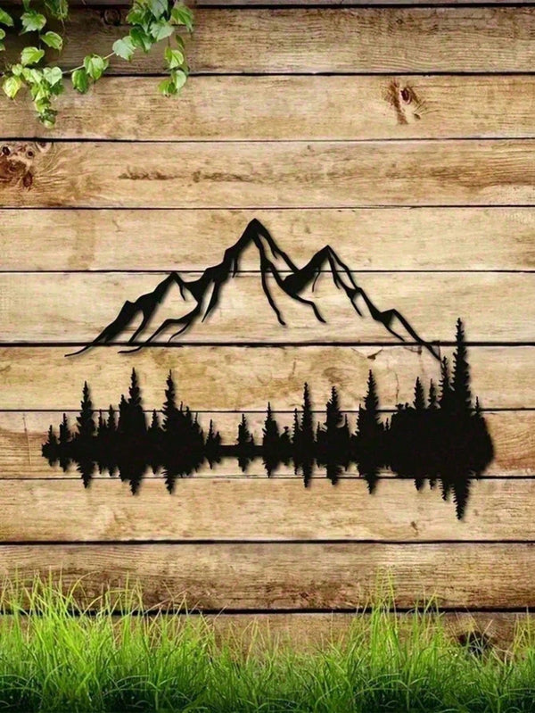 Set of 2 Large Black Metal Wall Art Sculptures – Mountain & Pine Tree Design, Rustic Farmhouse Wall Decor for Living Room, Bedroom, Patio, Garden | 16" x 7.1" Indoor/Outdoor Hanging Art, Nature-Inspired Gothic Style, Housewarming Gift for Men & Women, Hom