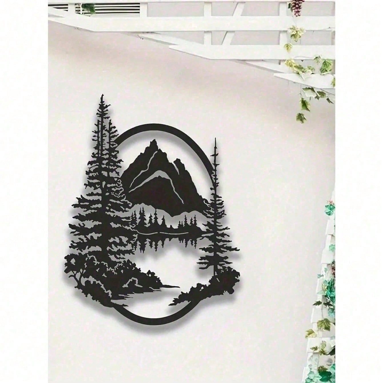 Set of 2 Large Black Metal Wall Art Sculptures – Mountain & Pine Tree Design, Rustic Farmhouse Wall Decor for Living Room, Bedroom, Patio, Garden | 16" x 7.1" Indoor/Outdoor Hanging Art, Nature-Inspired Gothic Style, Housewarming Gift for Men & Women, Hom