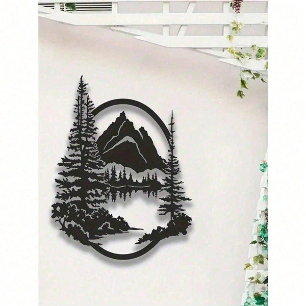 Set of 2 Large Black Metal Wall Art Sculptures – Mountain & Pine Tree Design, Rustic Farmhouse Wall Decor for Living Room, Bedroom, Patio, Garden | 16" x 7.1" Indoor/Outdoor Hanging Art, Nature-Inspired Gothic Style, Housewarming Gift for Men & Women, Hom