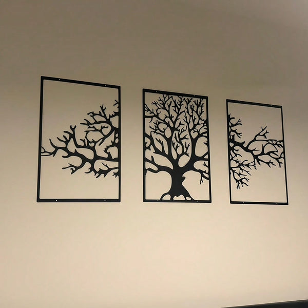 3-Piece set of metal tree decorative painting combination - frameless wrought iron decorations are suitable for living rooms, TV background walls, porches, suitable for modern home decoration, home decoration, room decoration