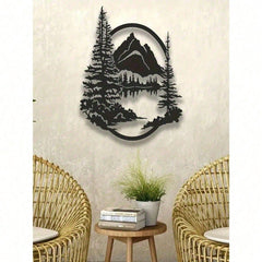 Black Metal Wall Art Set of 2 - Mountain and Forest Tree Sculpture, Large 16" x 7.1" Rustic Modern Wall Décor for Farmhouse, Living Room, Bedroom, Patio & Garden | Indoor & Outdoor Weather Resistant Metal Wall Hanging | Unique Housewarming Gift, Durable H