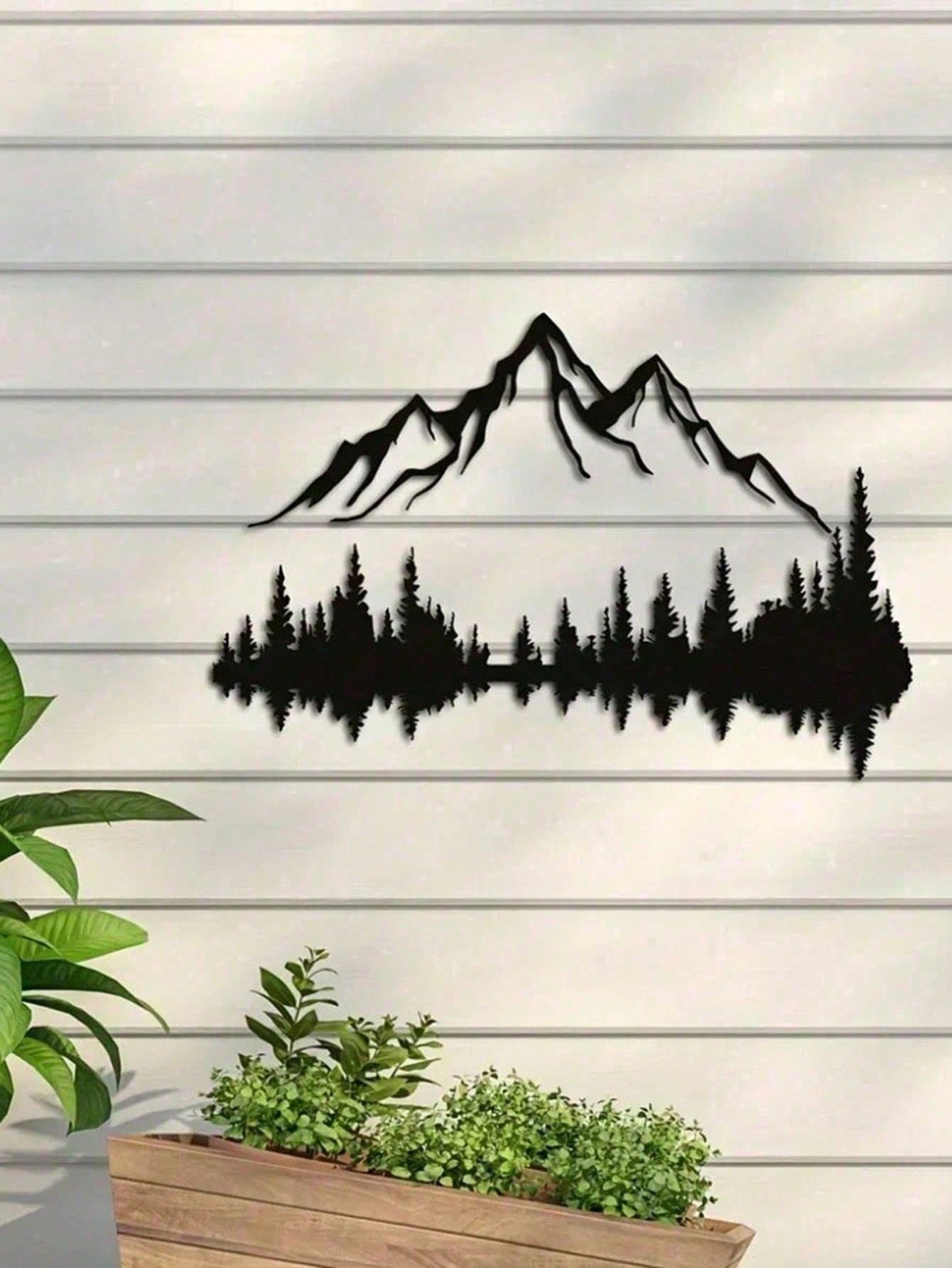 Black Metal Wall Art Set of 2 - Mountain and Forest Tree Sculpture, Large 16" x 7.1" Rustic Modern Wall Décor for Farmhouse, Living Room, Bedroom, Patio & Garden | Indoor & Outdoor Weather Resistant Metal Wall Hanging | Unique Housewarming Gift, Durable H
