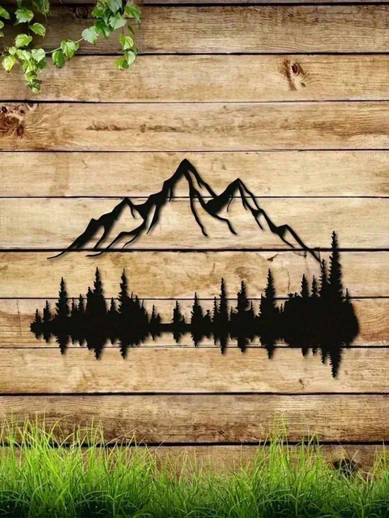 Black Metal Wall Art Set of 2 - Mountain and Forest Tree Sculpture, Large 16" x 7.1" Rustic Modern Wall Décor for Farmhouse, Living Room, Bedroom, Patio & Garden | Indoor & Outdoor Weather Resistant Metal Wall Hanging | Unique Housewarming Gift, Durable H