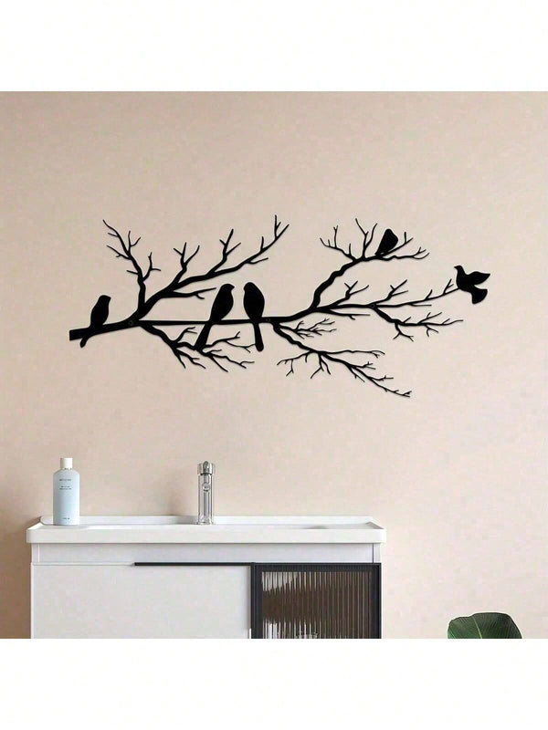 1 piece of metal bird wall decoration with leaves and flowers, black wrought iron ornaments, branch sculptures for indoor and outdoor home garden decoration, suitable for Thanksgiving, Christmas, New Year, Easter parties,