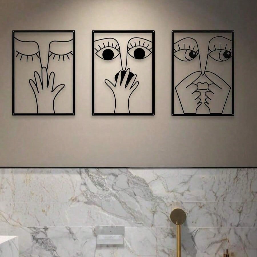 3-Pack fun clip-nose metal wall hanging artwork, elegant and minimalist abstract facial line art, humorous wrought iron wall hanging suitable for guest bathroom, home toilet, bed and breakfast and hotel decoration, Valentine's Day, Christmas