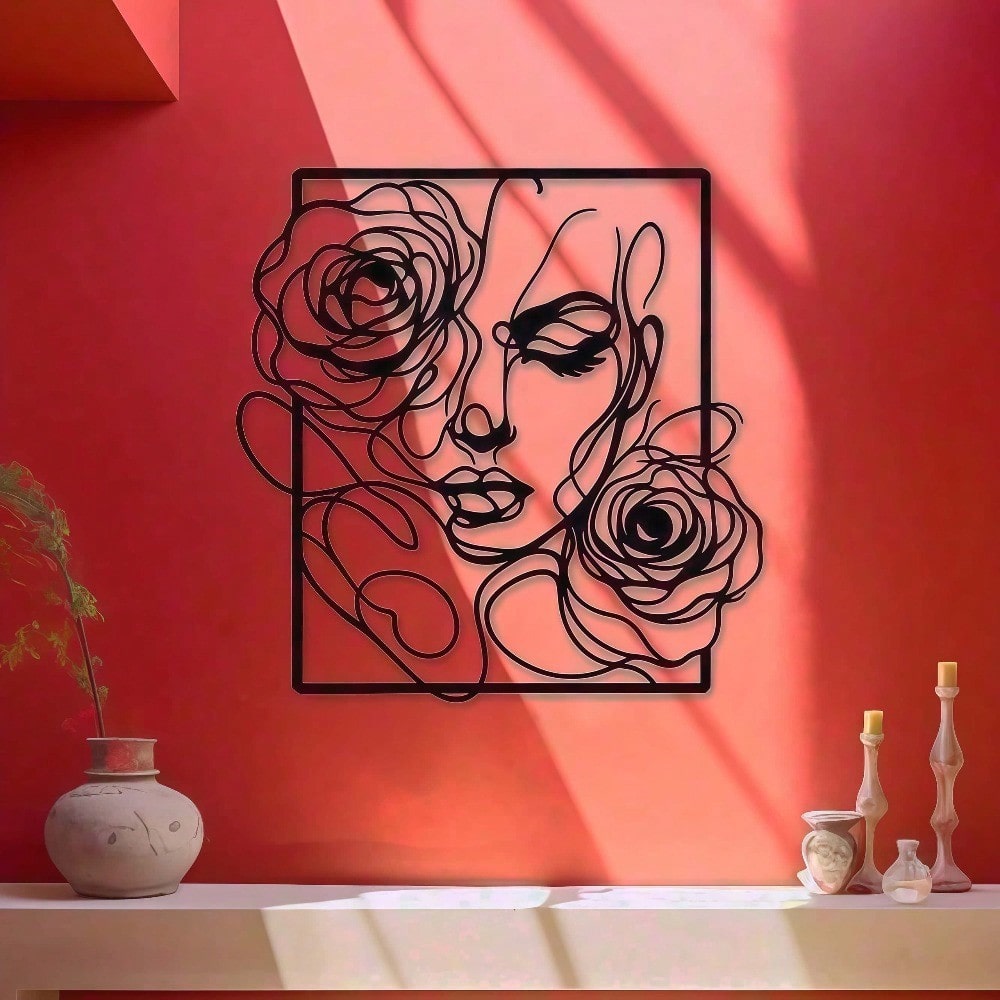 1 piece of stylish black metal wall decoration, with simple lines to outline the pattern of women's side faces and roses, perfectly embellish modern homes, salons and wedding venues. Waterproof, rust-proof, anti-fading, long-lasting elegance.