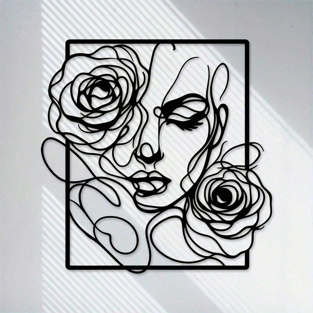 1 piece of stylish black metal wall decoration, with simple lines to outline the pattern of women's side faces and roses, perfectly embellish modern homes, salons and wedding venues. Waterproof, rust-proof, anti-fading, long-lasting elegance.