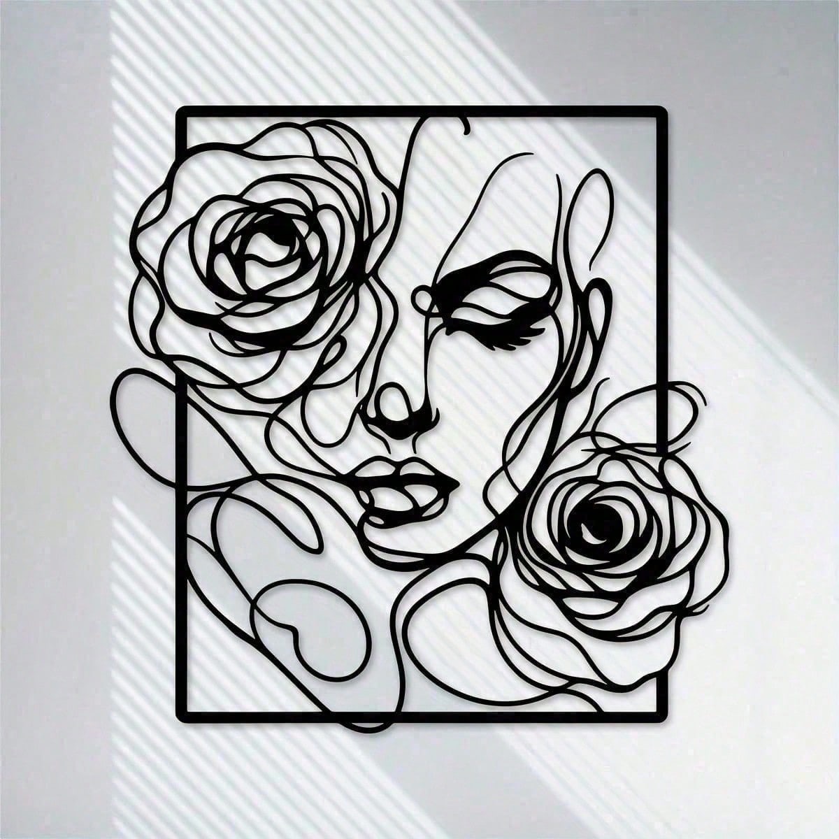 1 piece of stylish black metal wall decoration, with simple lines to outline the pattern of women's side faces and roses, perfectly embellish modern homes, salons and wedding venues. Waterproof, rust-proof, anti-fading, long-lasting elegance.