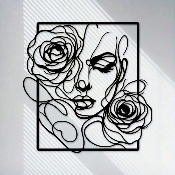 1 piece of stylish black metal wall decoration, with simple lines to outline the pattern of women's side faces and roses, perfectly embellish modern homes, salons and wedding venues. Waterproof, rust-proof, anti-fading, long-lasting elegance.