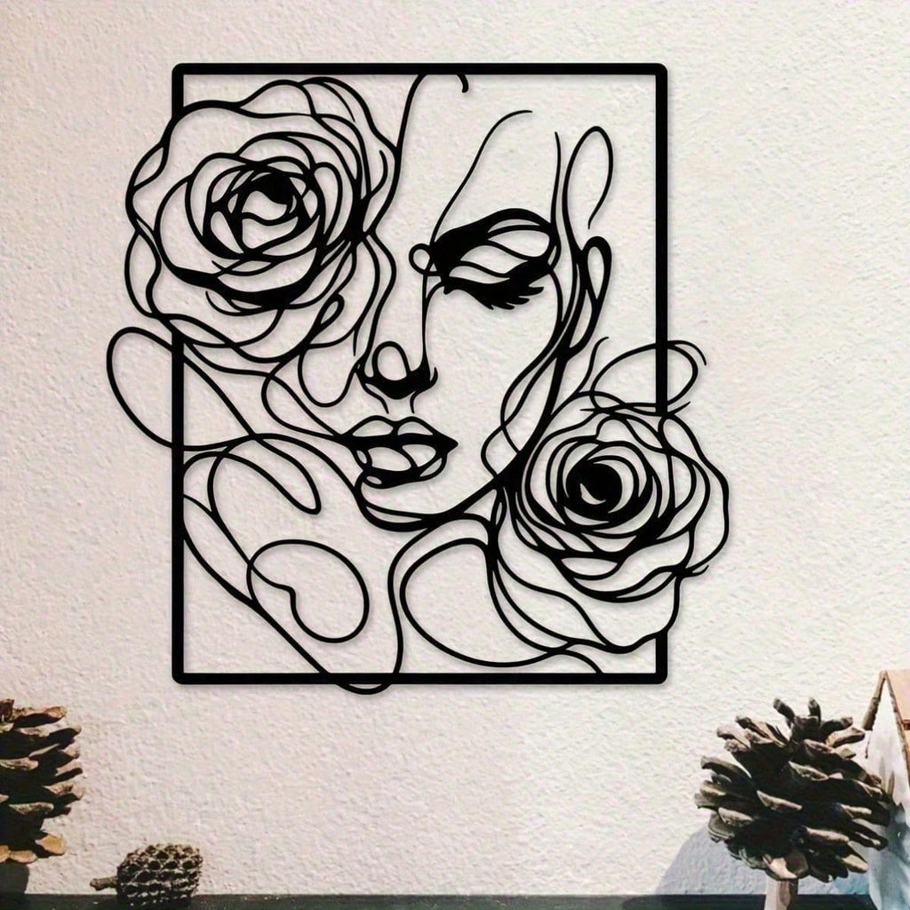 1 piece of stylish black metal wall decoration, with simple lines to outline the pattern of women's side faces and roses, perfectly embellish modern homes, salons and wedding venues. Waterproof, rust-proof, anti-fading, long-lasting elegance.