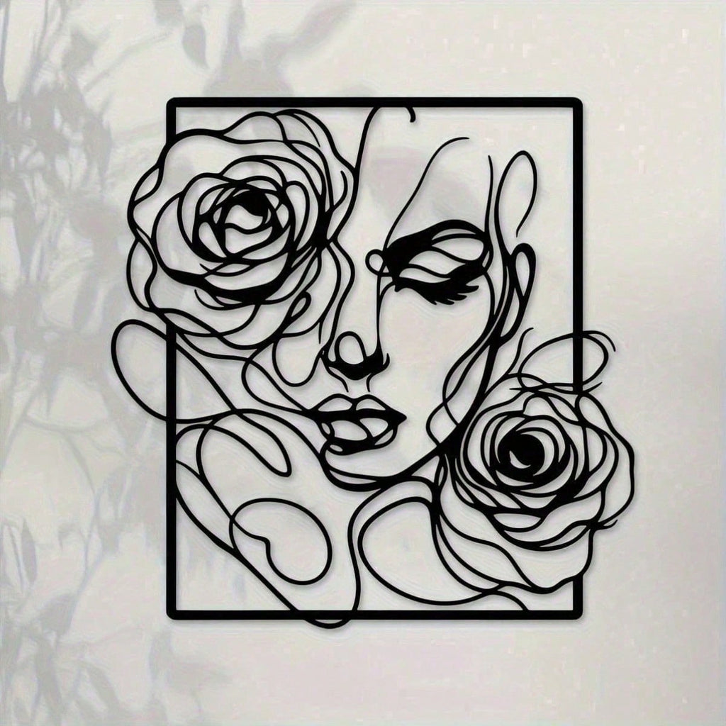 1 piece of stylish black metal wall decoration, with simple lines to outline the pattern of women's side faces and roses, perfectly embellish modern homes, salons and wedding venues. Waterproof, rust-proof, anti-fading, long-lasting elegance.