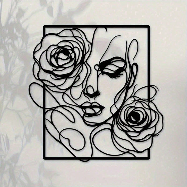 1 piece of stylish black metal wall decoration, with simple lines to outline the pattern of women's side faces and roses, perfectly embellish modern homes, salons and wedding venues. Waterproof, rust-proof, anti-fading, long-lasting elegance.