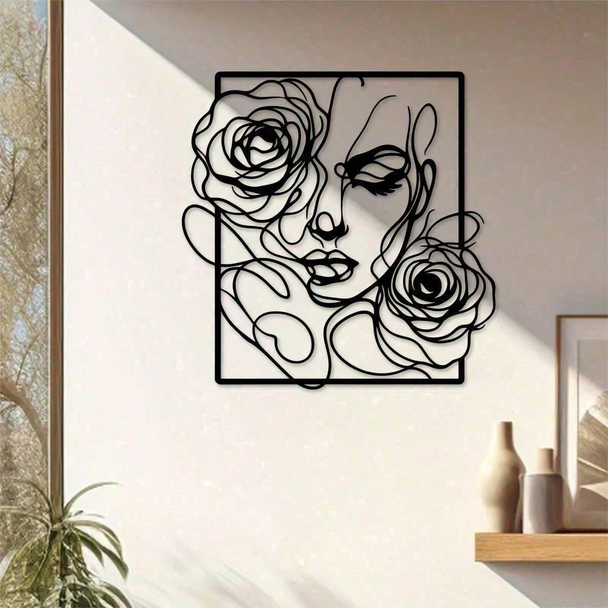 1 piece of stylish black metal wall decoration, with simple lines to outline the pattern of women's side faces and roses, perfectly embellish modern homes, salons and wedding venues. Waterproof, rust-proof, anti-fading, long-lasting elegance.