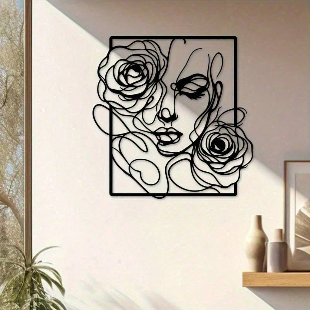 1 piece of stylish black metal wall decoration, with simple lines to outline the pattern of women's side faces and roses, perfectly embellish modern homes, salons and wedding venues. Waterproof, rust-proof, anti-fading, long-lasting elegance.