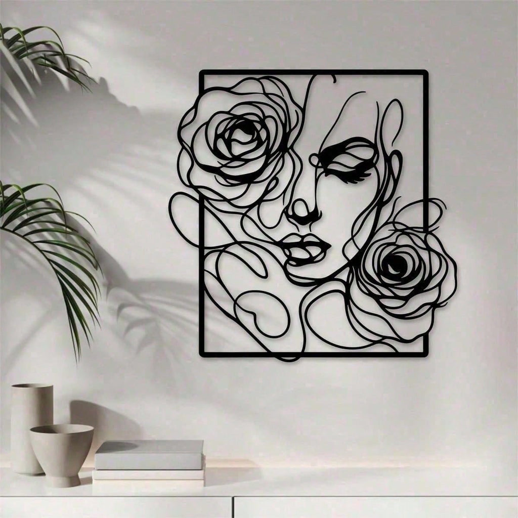 1 piece of stylish black metal wall decoration, with simple lines to outline the pattern of women's side faces and roses, perfectly embellish modern homes, salons and wedding venues. Waterproof, rust-proof, anti-fading, long-lasting elegance.