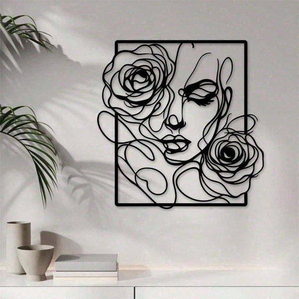1 piece of stylish black metal wall decoration, with simple lines to outline the pattern of women's side faces and roses, perfectly embellish modern homes, salons and wedding venues. Waterproof, rust-proof, anti-fading, long-lasting elegance.