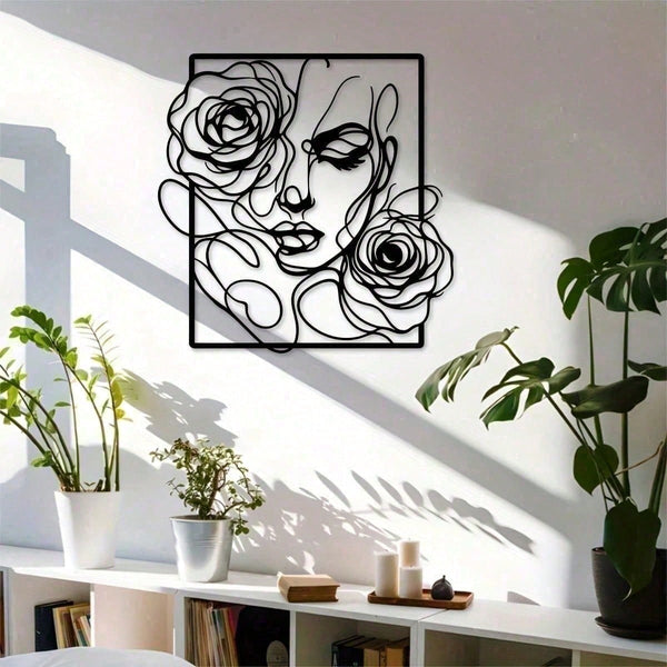 1 piece of stylish black metal wall decoration, with simple lines to outline the pattern of women's side faces and roses, perfectly embellish modern homes, salons and wedding venues. Waterproof, rust-proof, anti-fading, long-lasting elegance.