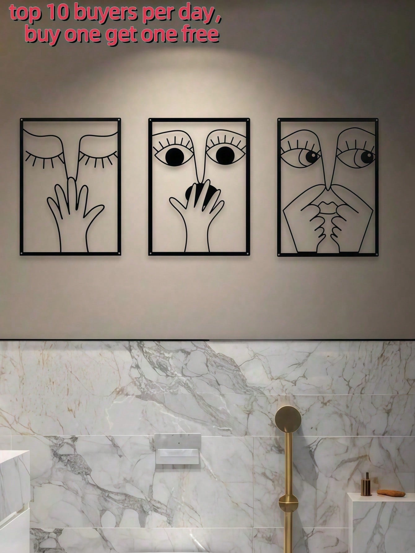3-Pack fun clip-nose metal wall hanging artwork, elegant and minimalist abstract facial line art, humorous wrought iron wall hanging suitable for guest bathroom, home toilet, bed and breakfast and hotel decoration, Valentine's Day, Christmas